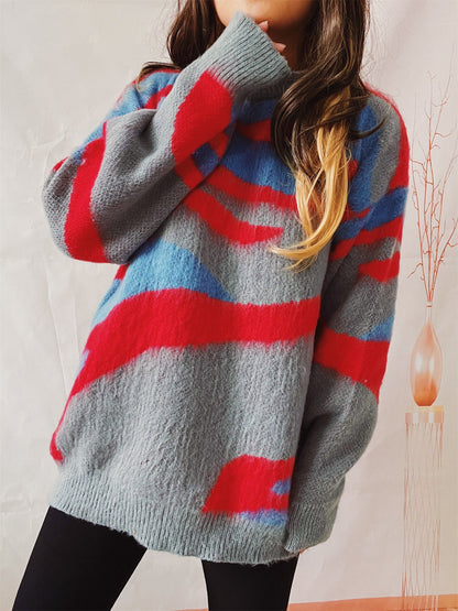 Oversized Women Sweater - Irregular Striped, Knit, Casual