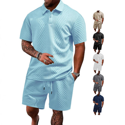 Breathable men's polo shirt and shorts set – durable textured pattern, polyester, for casual wear