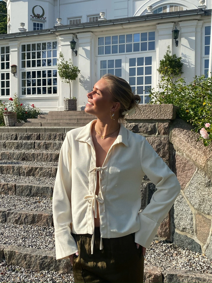 Variant image for Elegant Cream Silk Blouse with Bow Bands and Wide Cuffs, Long Sleeve Tops for Women-1