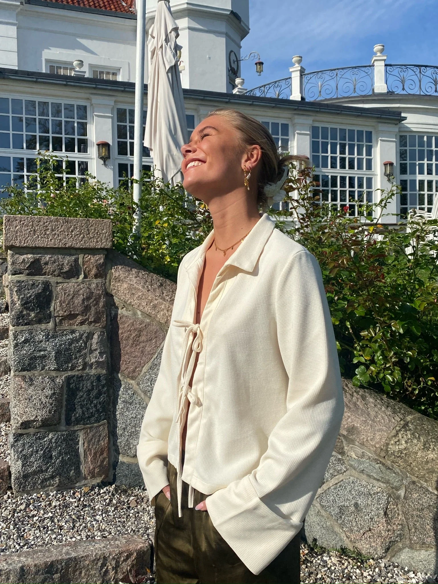 Variant image for Elegant Cream Silk Blouse with Bow Bands and Wide Cuffs, Long Sleeve Tops for Women-5