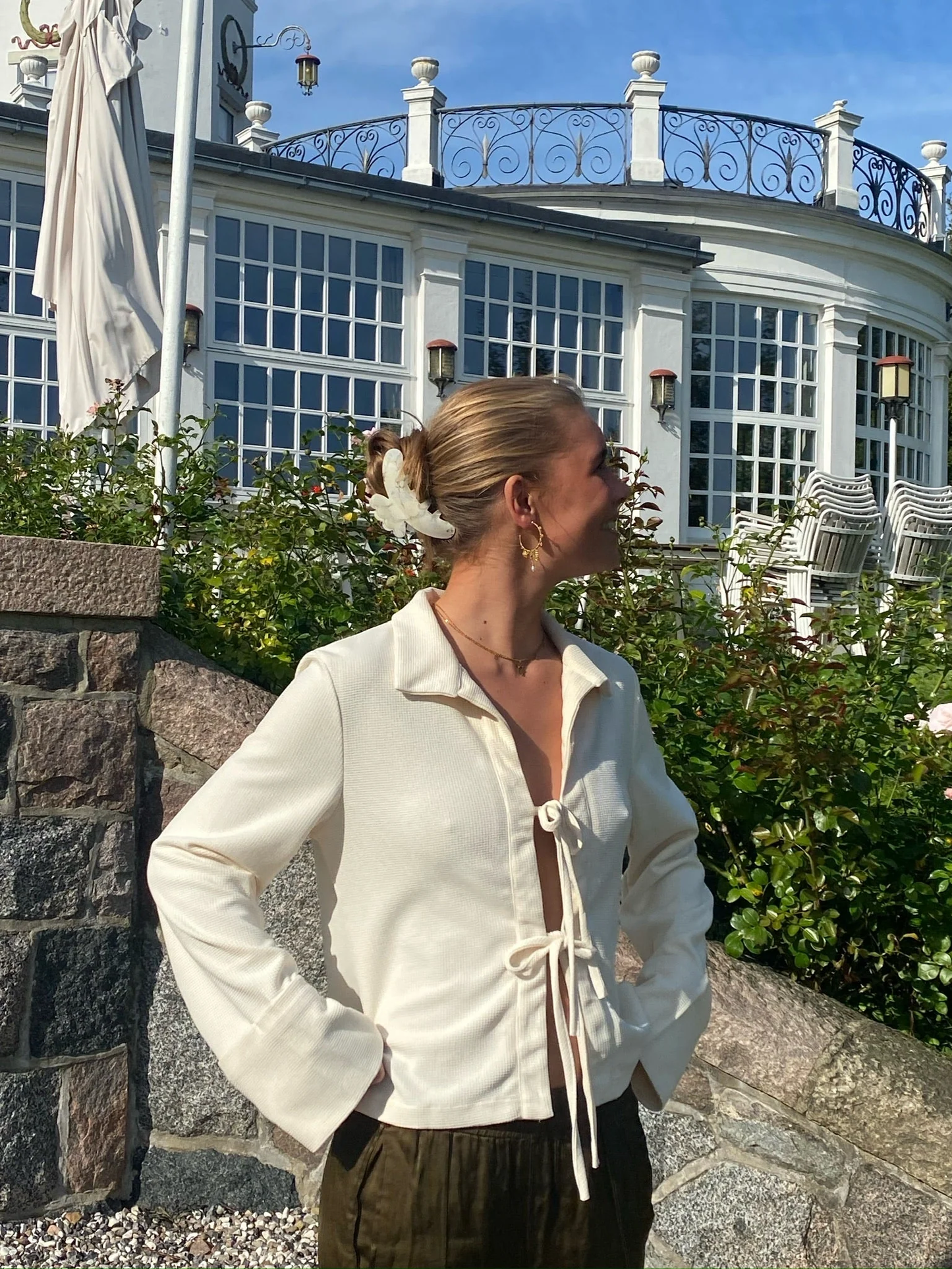 Elegant Cream Silk Blouse with Bow Bands and Wide Cuffs, Long Sleeve Tops for Women-3