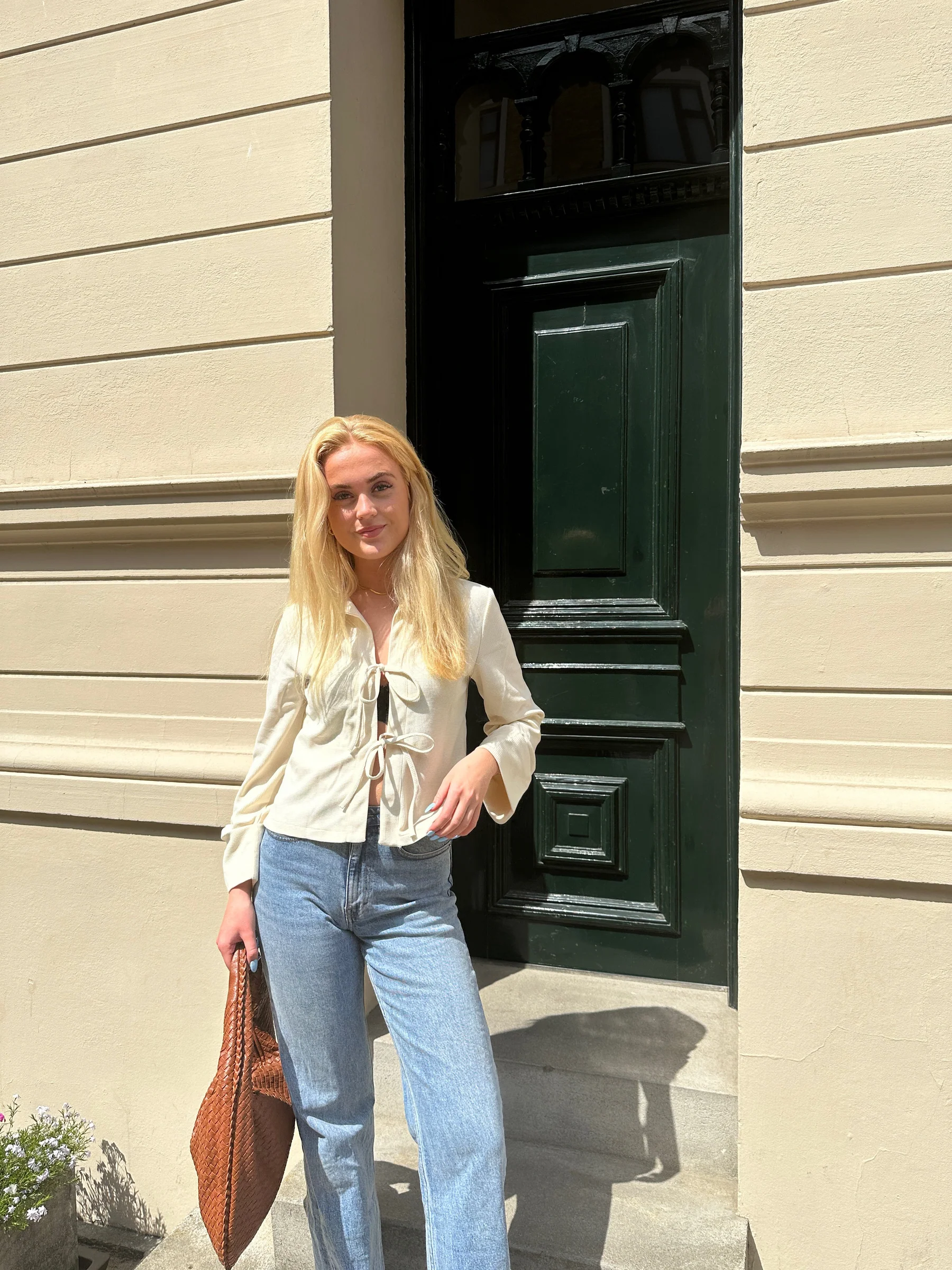 Elegant Cream Silk Blouse with Bow Bands and Wide Cuffs, Long Sleeve Tops for Women-4