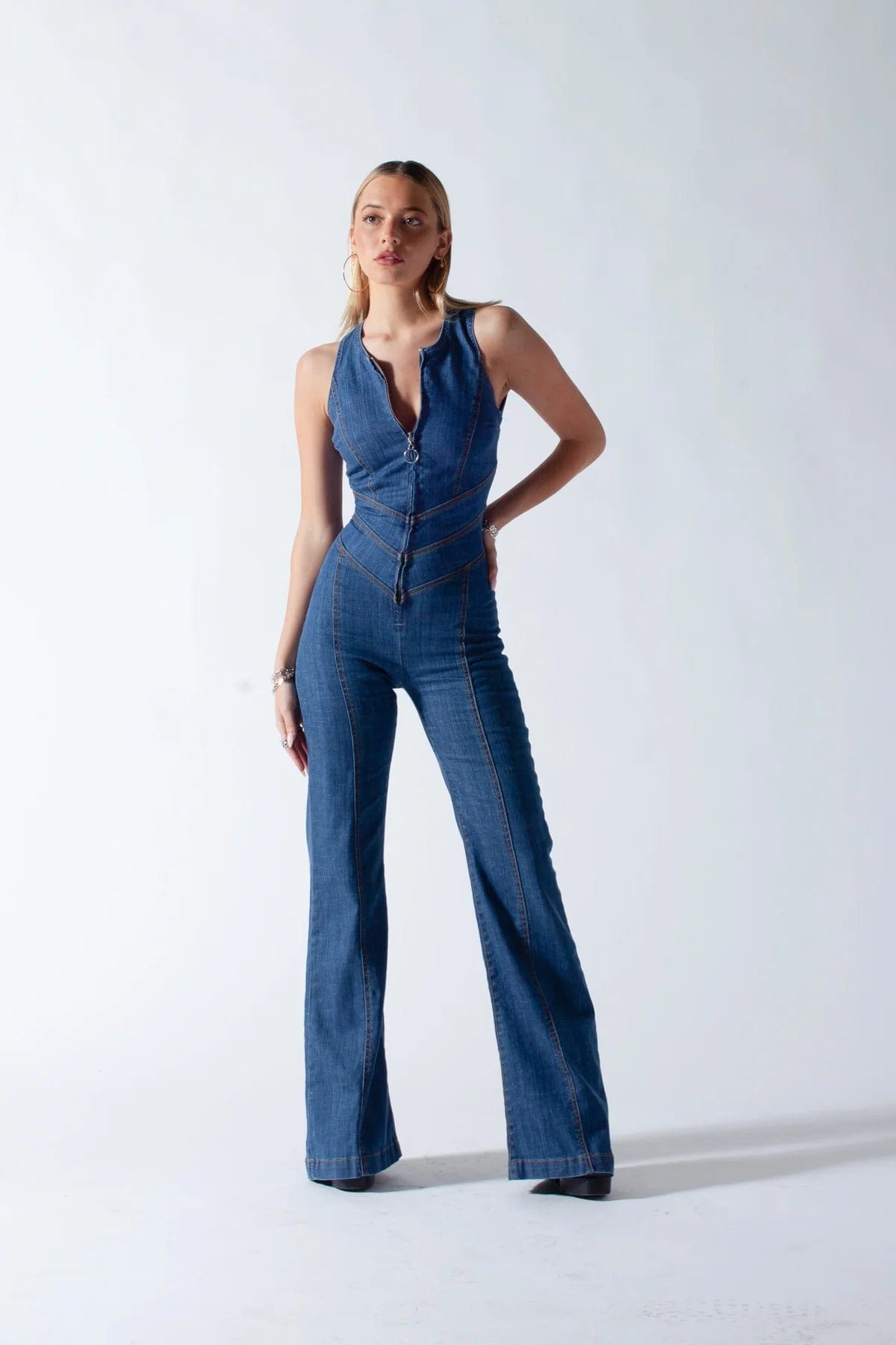 Variant image for 90s Inspired Denim Overalls for Women, Body-Hugging Fit, Classic Denim Blue, Easy Care Jean Jumper-1