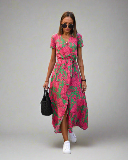 Variant image for Elegant A-Line Women's Dress with V-Neck and Floral Pattern, Perfect for Summer and Formal Occasions-6