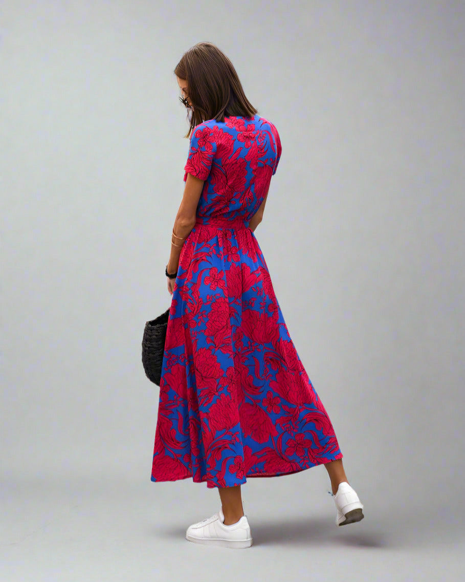 Elegant A-Line Women's Dress with V-Neck and Floral Pattern, Perfect for Summer and Formal Occasions-6