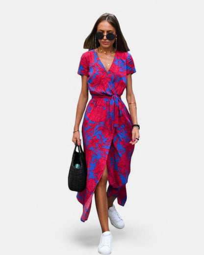 Elegant A-Line Women's Dress with V-Neck and Floral Pattern, Perfect for Summer and Formal Occasions-5