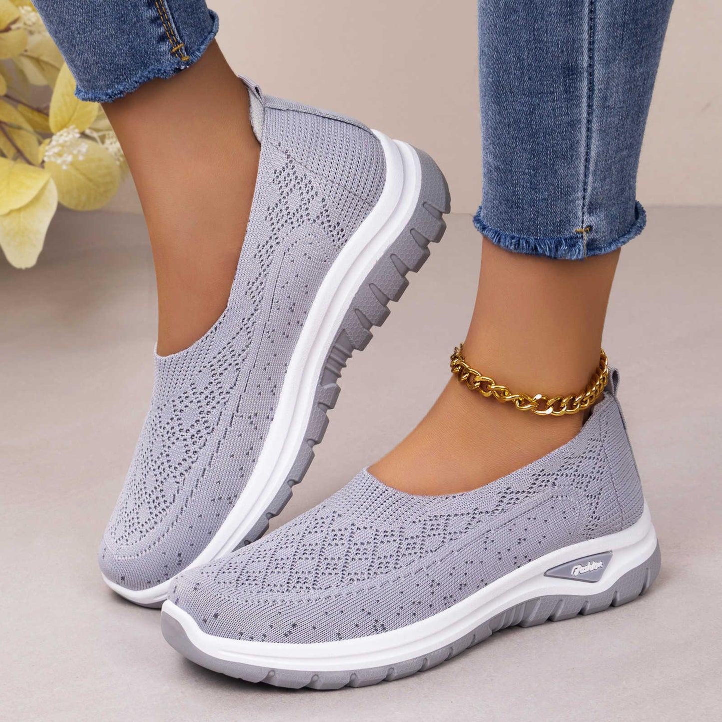Letvægts damesko med mesh, slip-on – slip-on, strikket overdel, afslappet til daglig brug