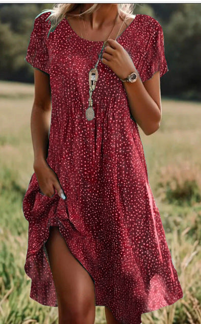 Soft women's dress - scoop neck, flowy mid-length silhouette, geometric print, casual everyday wear