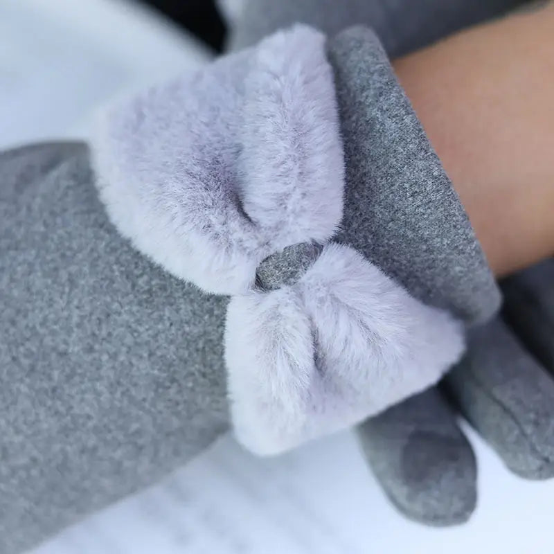 Warm Women Gloves - Bow Cuff, Fleece Lined, For Winter