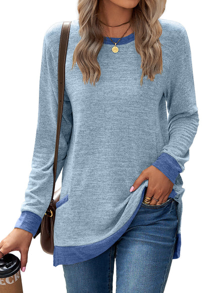 Soft Relaxed Women’s Long Sleeve Pullover - Round Neck Tunic, Cotton Cashmere Knit, Pocketed Mid Length Top For Casual Wear