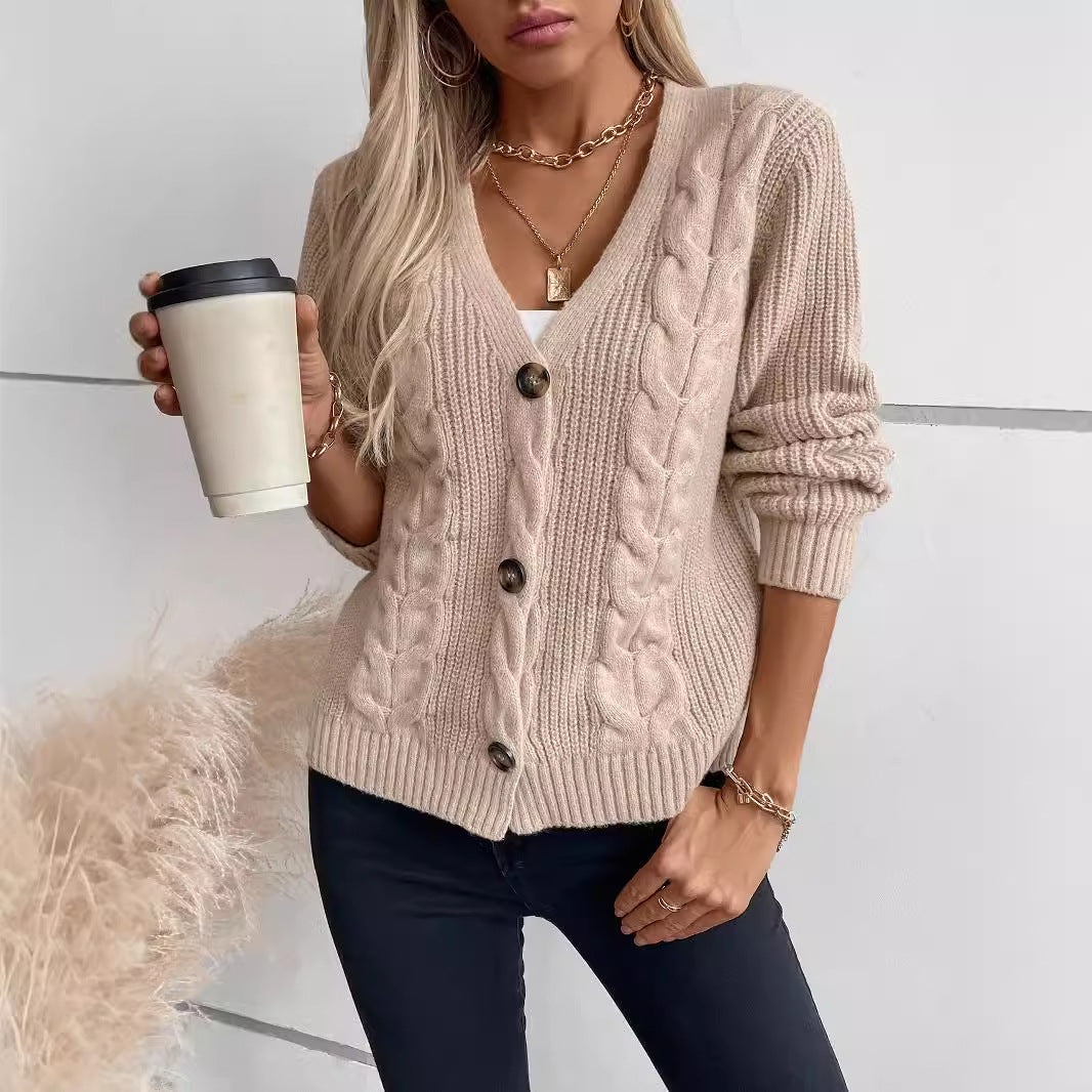 Oversized Women’s Cardigan - Twist Cable Knit V Neck Fall