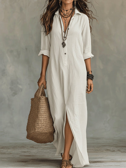 Soft women's flowy maxi dress - long-sleeve lapel-collar, solid, beach vacation