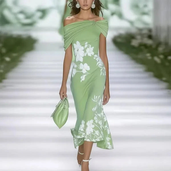 Lightweight women's dress - off-shoulder twist midi-length, floral print, polyester, for weddings