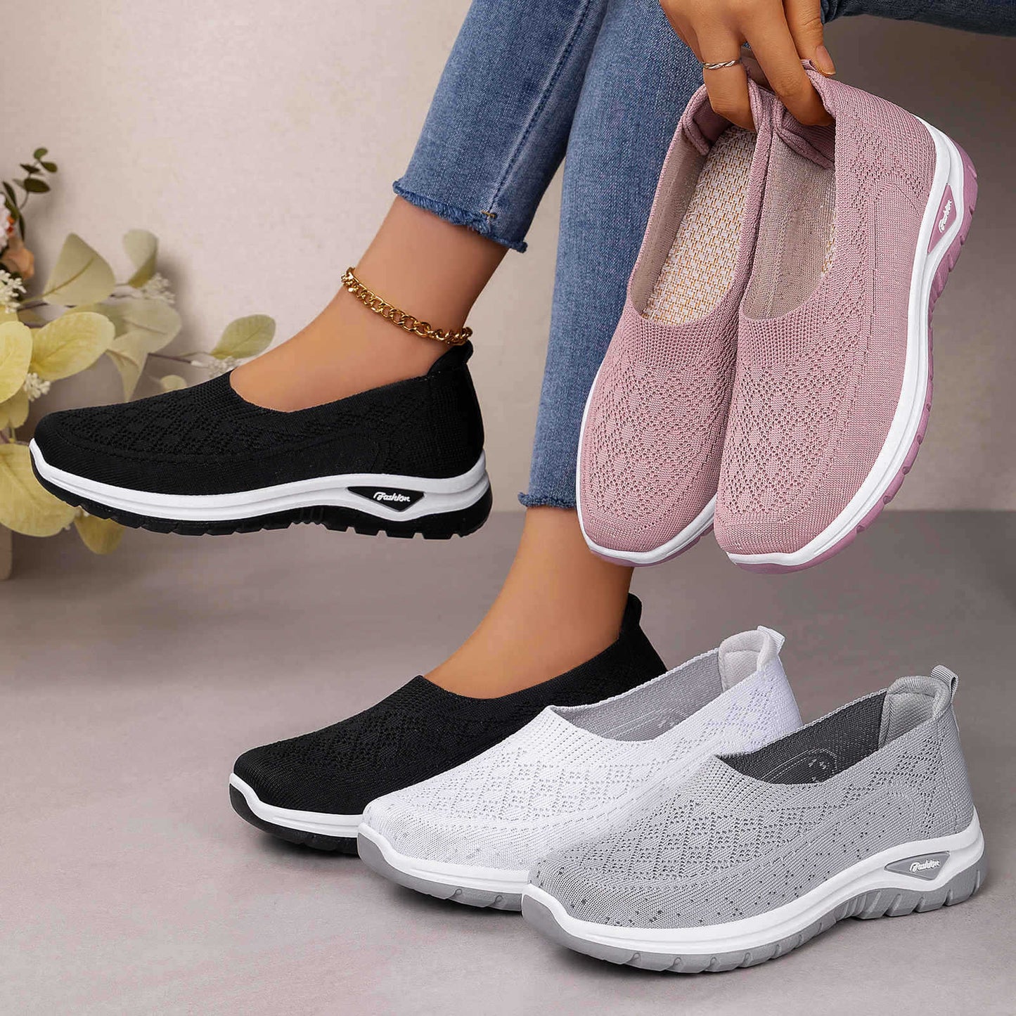 Letvægts damesko med mesh, slip-on – slip-on, strikket overdel, afslappet til daglig brug