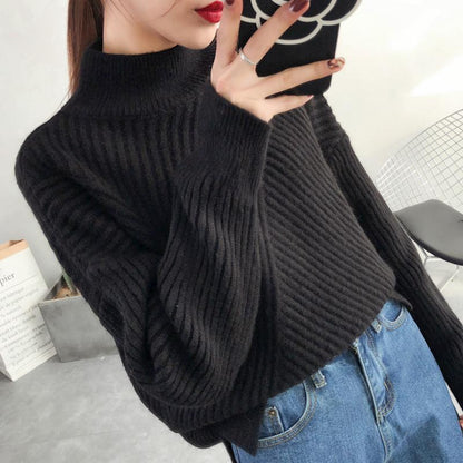 Soft Women’s Sweater - Loose Half High Collar, Ribbed Knit