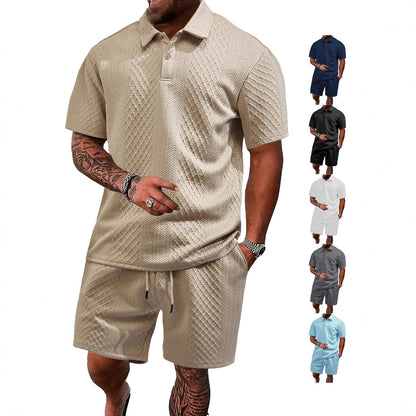 Breathable men's polo shirt and shorts set – durable textured pattern, polyester, for casual wear