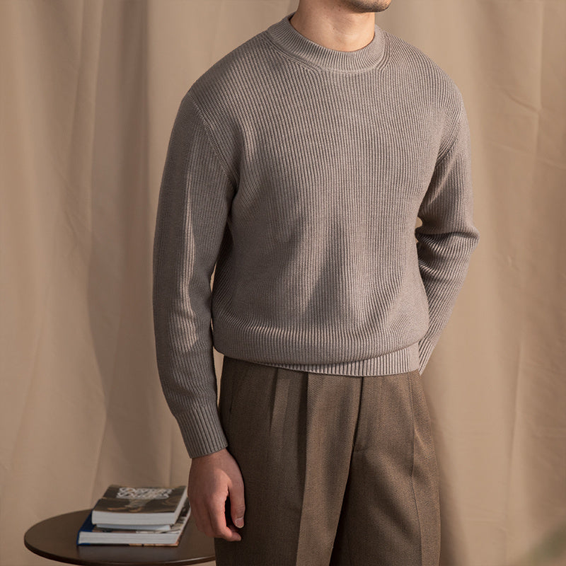 Varm Klassisk Herre Crewneck Trøje - Bred Rib Uldblanding