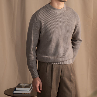 Varm Klassisk Herre Crewneck Trøje - Bred Rib Uldblanding
