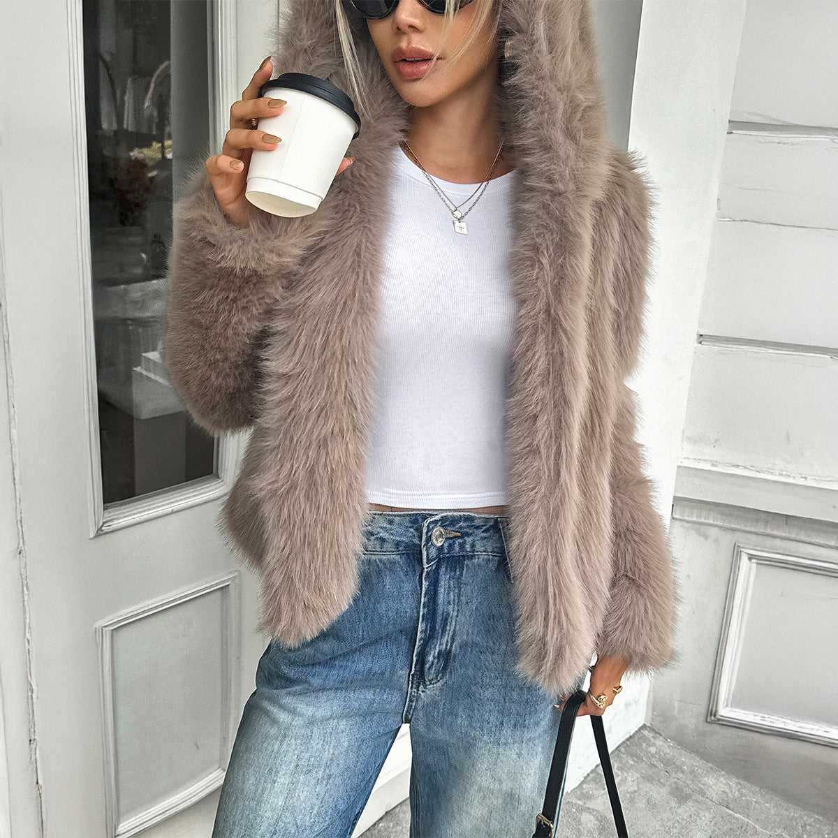 Warme dames fleece jas - boxy heuplengte, nepbont