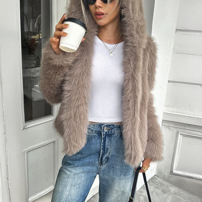 Warme dames fleece jas - boxy heuplengte, nepbont