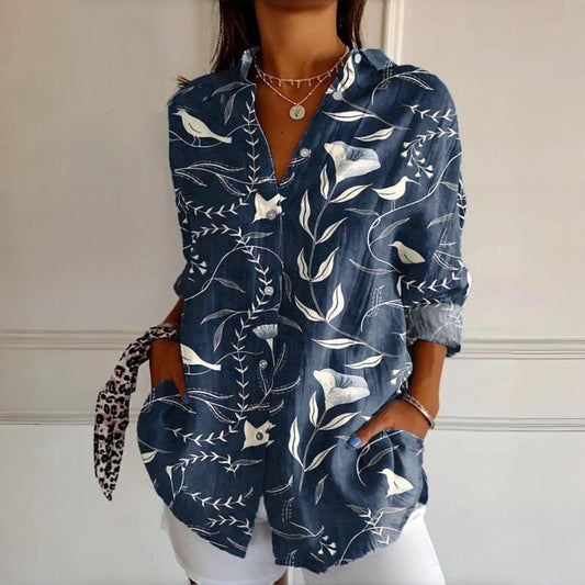 Vintage Leaf Print Womens Blouse with Long Sleeves and Lace Collar for Spring and Autumn-1