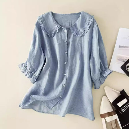 Soft women's shirt - Claudine collar, half-sleeve, relaxed fit, casual everyday wear with denim