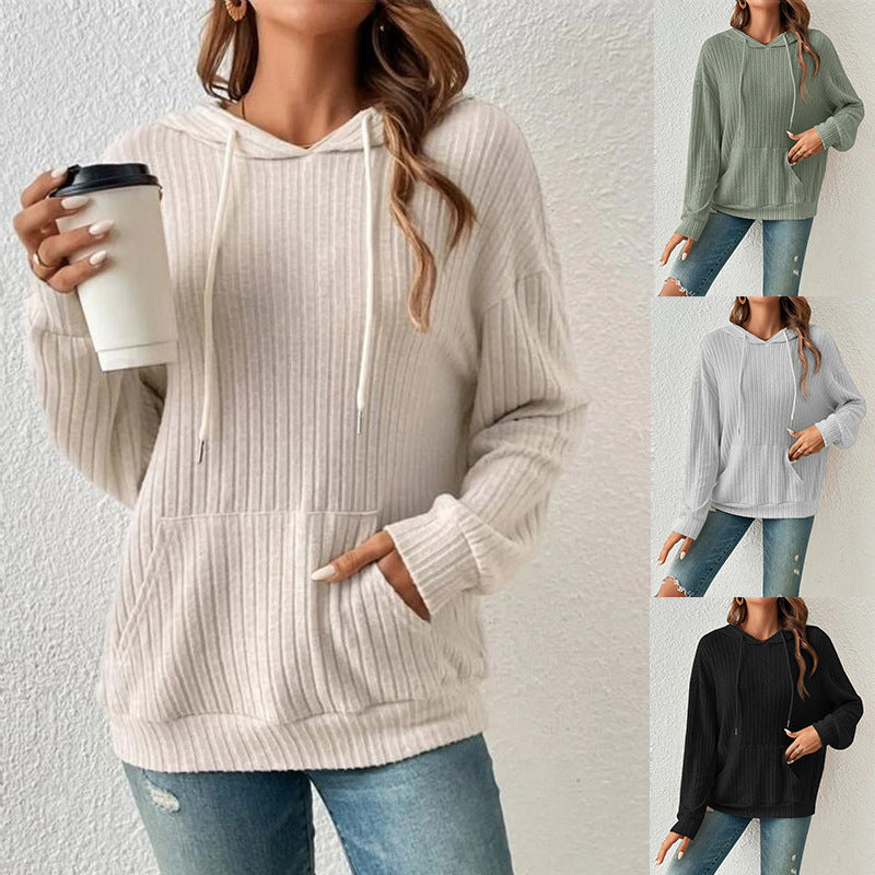 Soft Relaxed Women's Hooded Pullover - Ribbed Knit, Casual