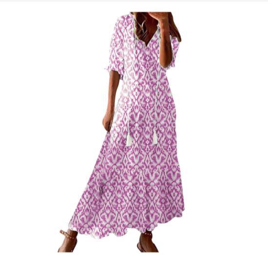 Vestito leggero da donna - stampa bohemien, scollo a V, maniche lunghe, vita media, abbigliamento casual quotidiano