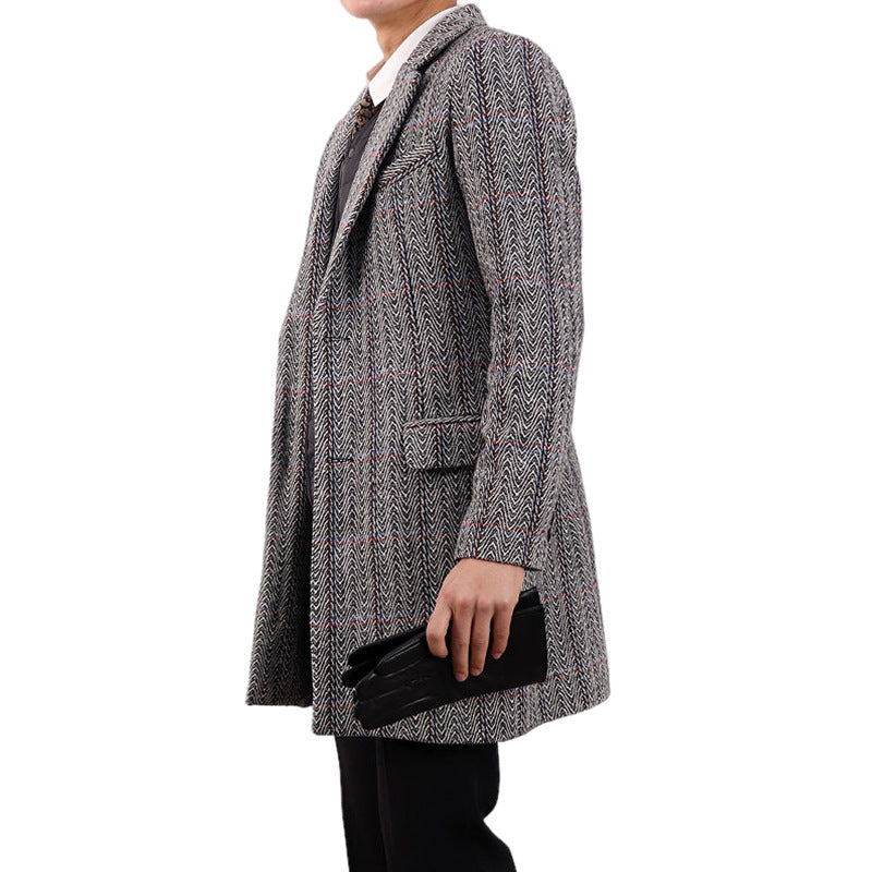 Insulating Men's Overcoat - Tailored Herringbone, Wool, Work