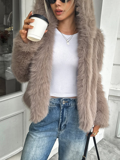 Warme dames fleece jas - boxy heuplengte, nepbont