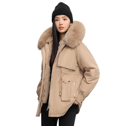 Insulating Womens Parka - Hooded Fur Collar, Cotton Padded