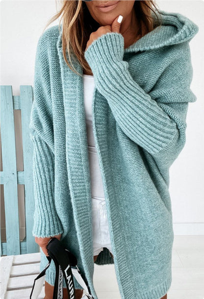 Warm Women's Hooded Cardigan - Batwing Knit, For Autumn