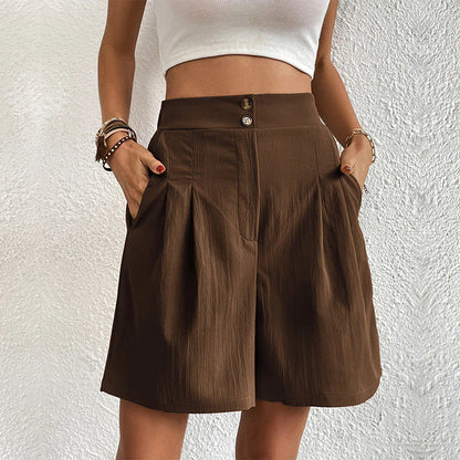 Elegant Women's Shorts with Pockets, Breathable Cotton-Polyester Blend for Spring/Summer Fashion-3