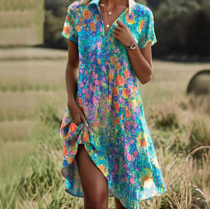 Soft women's dress - scoop neck, flowy mid-length silhouette, geometric print, casual everyday wear