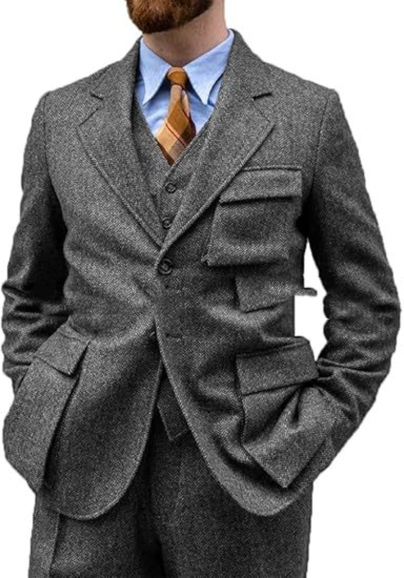 Wrinkle-free men's three-piece suit - slim-fit, herringbone wool, for formal events and business wear