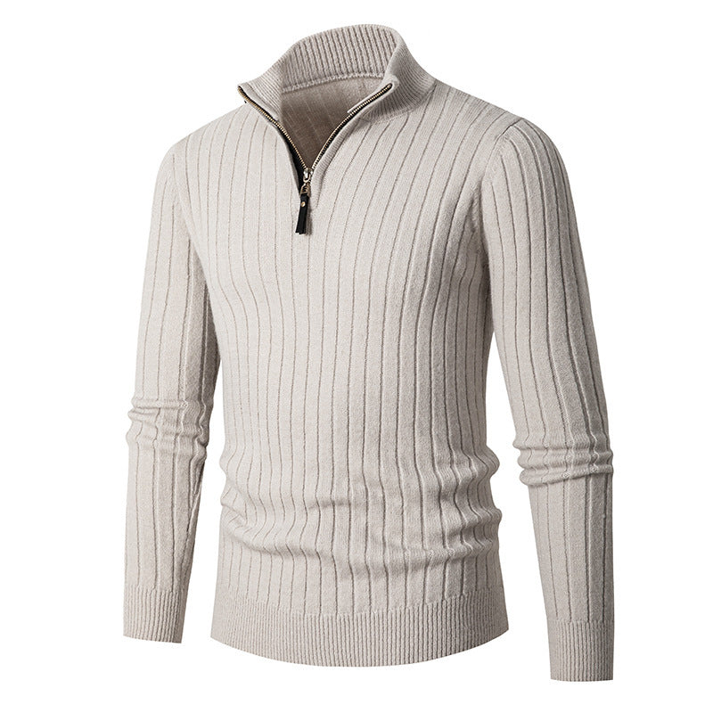 Fitted Men's Half Turtleneck Zip Sweater - Ribbed Knit