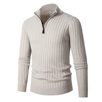 Fitted Men's Half Turtleneck Zip Sweater - Ribbed Knit