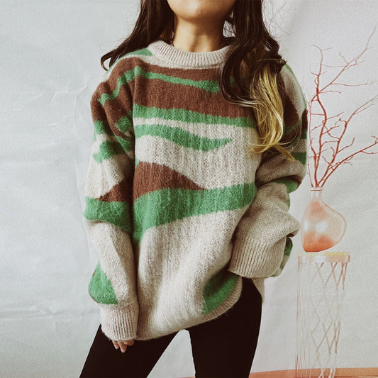 Oversized Women Sweater - Irregular Striped, Knit, Casual