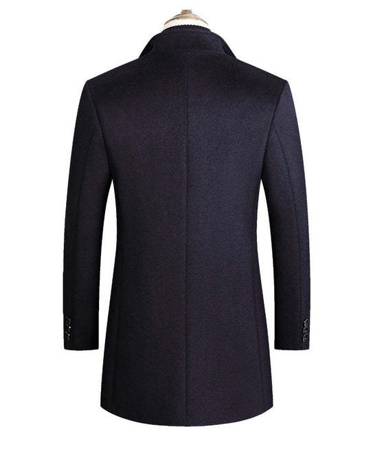 Warm Men’s Wool Coat - Single-Breasted Mid-Thigh, Winter