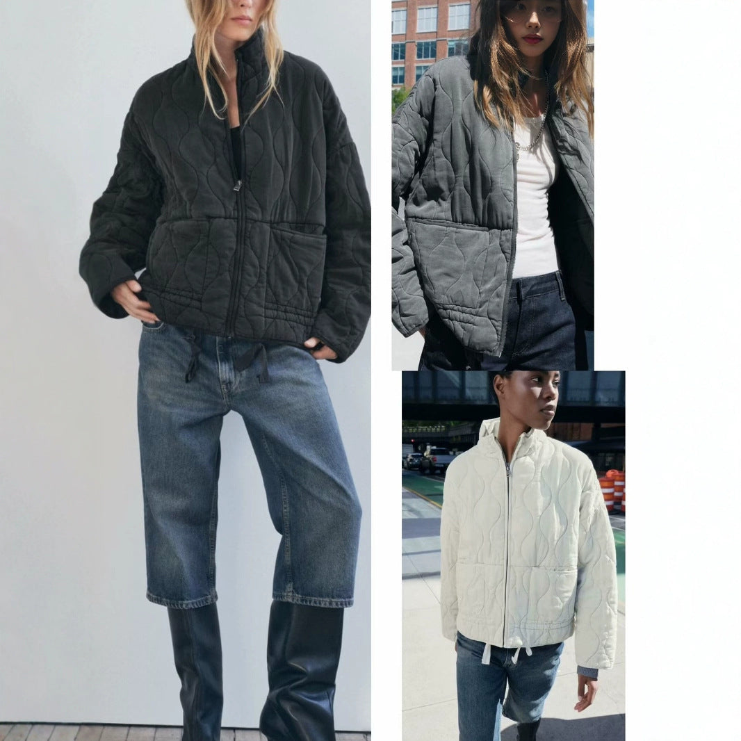Soft Relaxed Women Quilted Jacket - Stand-Collar, Tencel