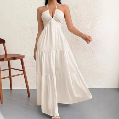 Ryggløs halter maxi-kjole med seler – ermeløs lang sommerkjole, sommertrend 2026, klar for ferie