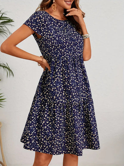 Variant image for Vintage Floral Wedding Guest Dress with Circular Neckline and Short Sleeves in Turquoise, Blue, and Burgundy-6