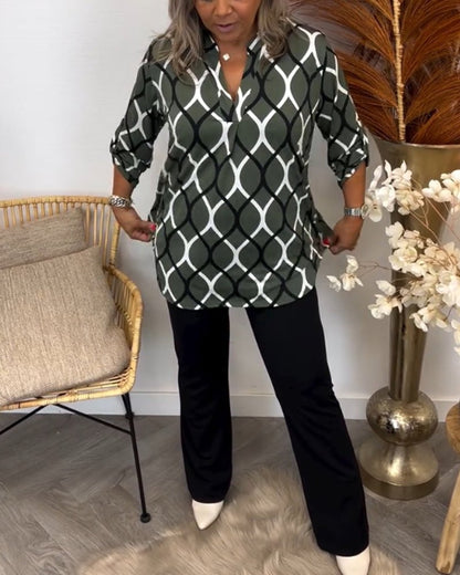 Elegant Women's Blouse with Geometric Pattern, Comfortable Stretch Cotton Summer Top for Versatile Styling-6