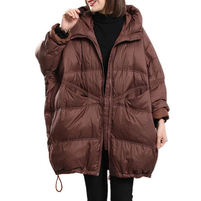 Warm Women's Mid-Length Down Coat - Hooded, Velvet, Cozy