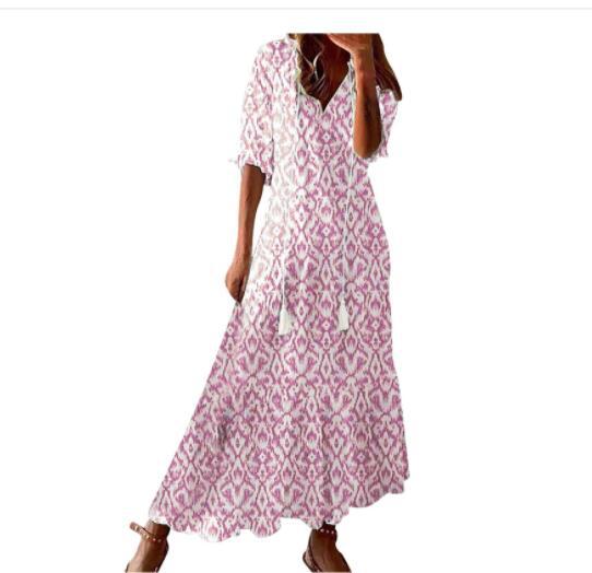Vestito leggero da donna - stampa bohemien, scollo a V, maniche lunghe, vita media, abbigliamento casual quotidiano