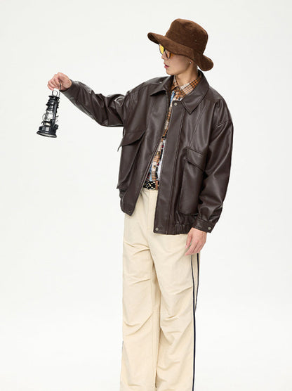 Chaqueta duradera para hombre de cuero PU - cuello con solapa, clásico, cuero PU, para uso diario