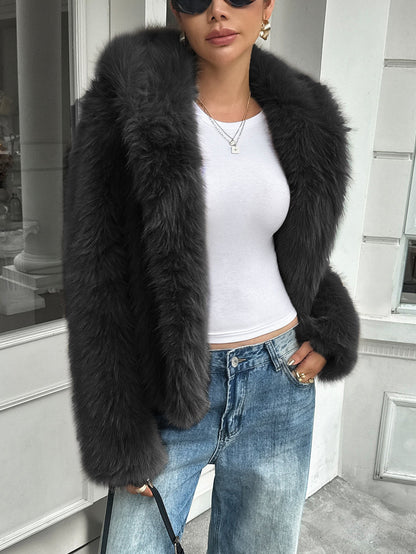 Warme dames fleece jas - boxy heuplengte, nepbont