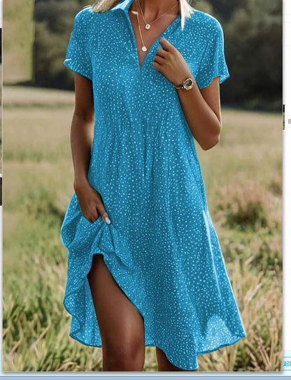 Soft women's dress - scoop neck, flowy mid-length silhouette, geometric print, casual everyday wear