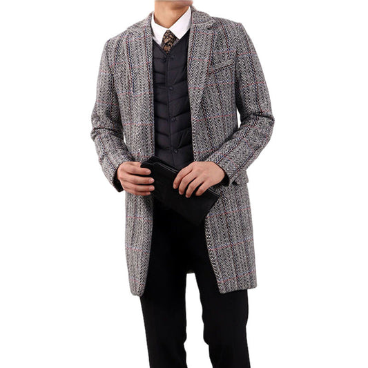 Insulating Men's Overcoat - Tailored Herringbone, Wool, Work