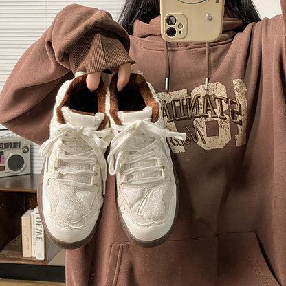 Lightweight women's sneakers - casual campus mid-cut, suede, lamb cashmere lining for daily wear